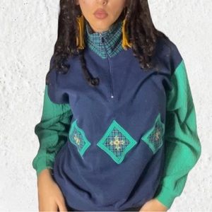 80s Vintage Retro koret sport petites green and blue sweatshirt Winter Zip